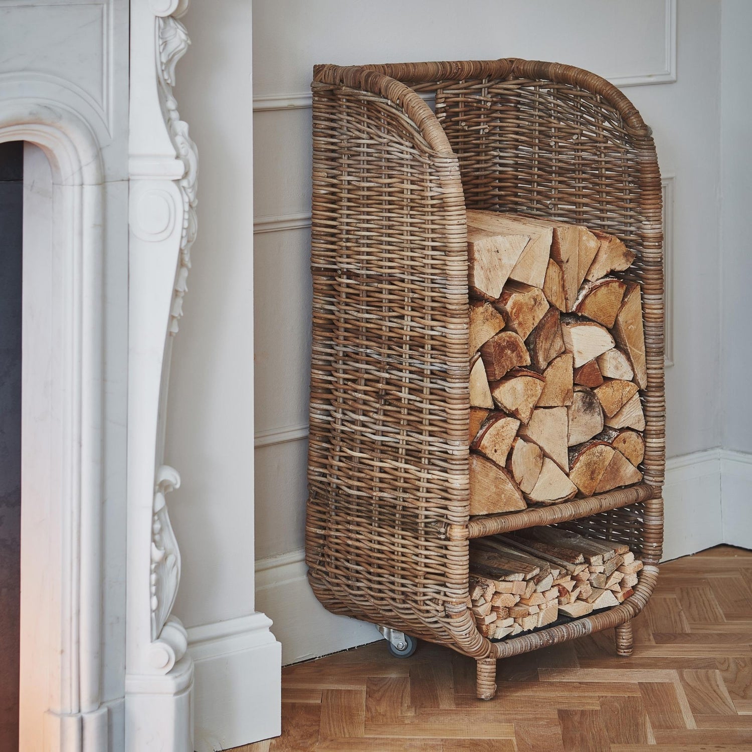 Herning Rattan Log Trolley with Kindling Shelf - Skandi London