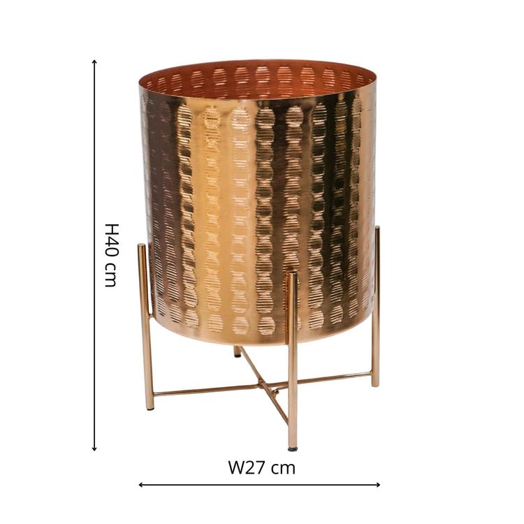 Zendaya Gold Embossed Metal Planter with Stand H25cm D25cm - Skandi London