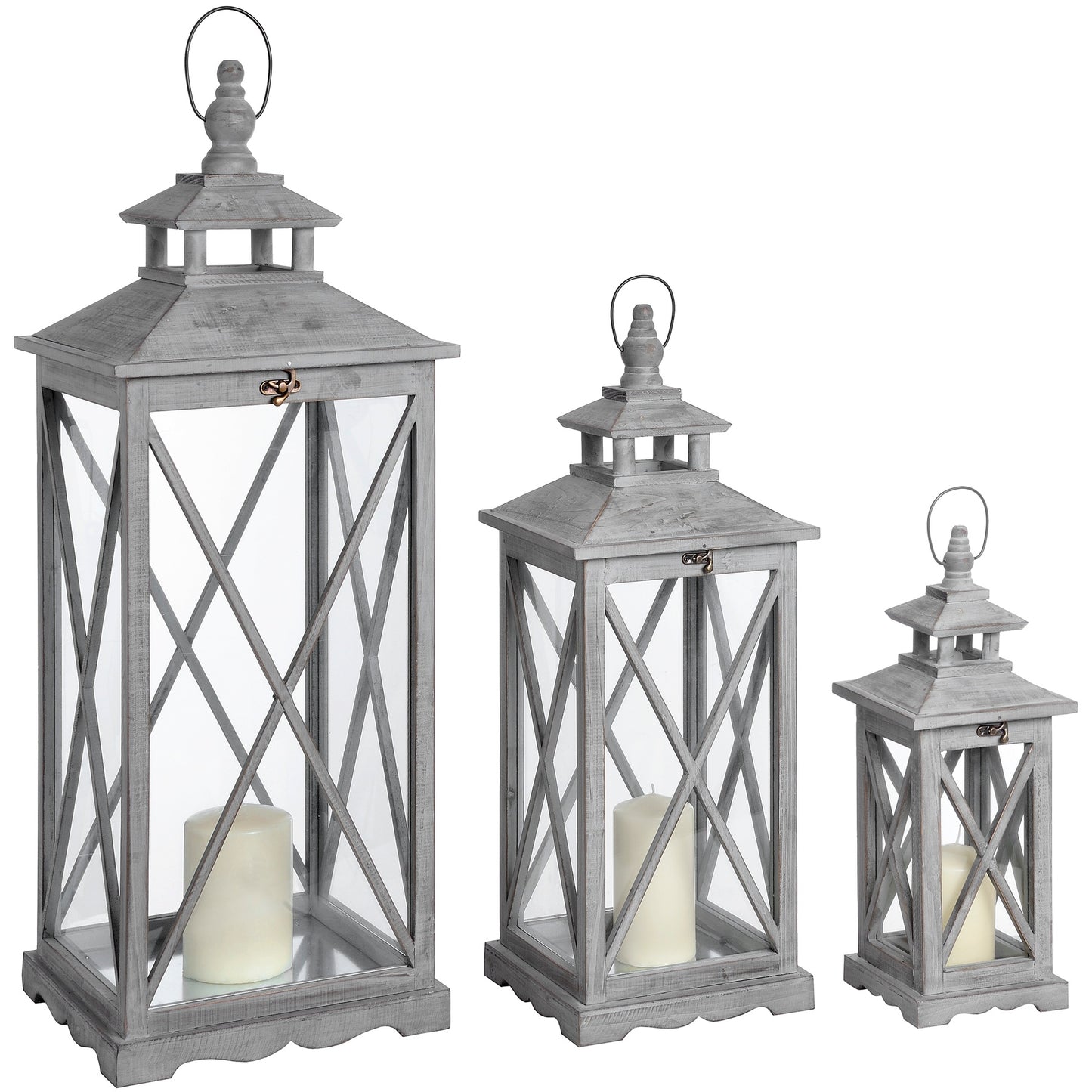 Skandi London Set Of Three Wooden Lanterns With Traditional Cross Section - Skandi London