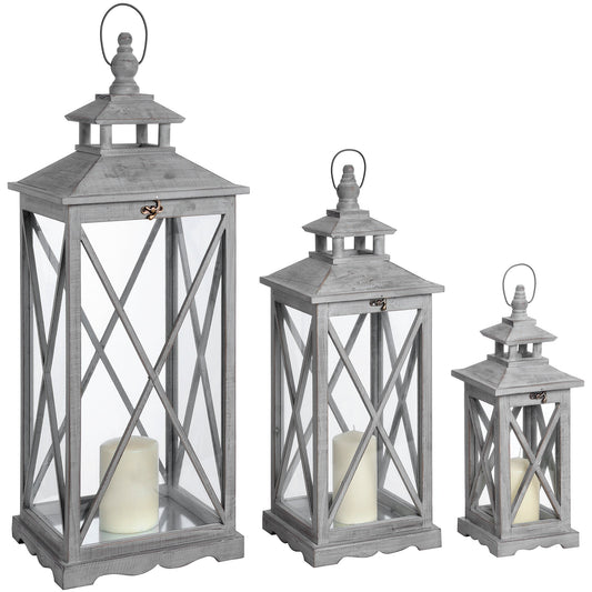 Skandi London Set Of Three Wooden Lanterns With Traditional Cross Section - Skandi London