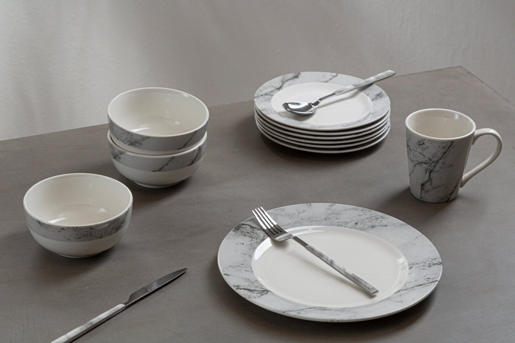 Asmund 16 Piece White And Grey Marble Effect Dinner Set - Skandi London