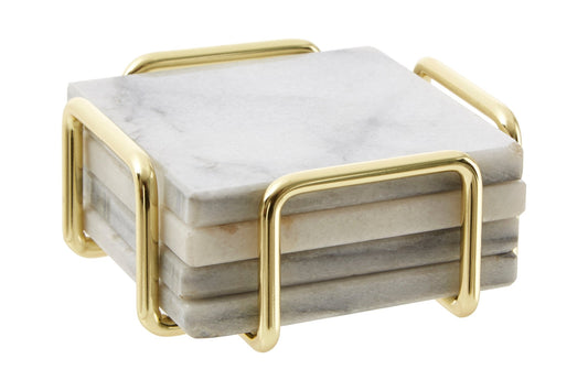 Cristen Set Of 4 White Marble Coasters with Brass Finish Holder - Skandi London