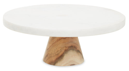 Kent Round White Marble And Acacia Wood Cake Stand - Skandi London