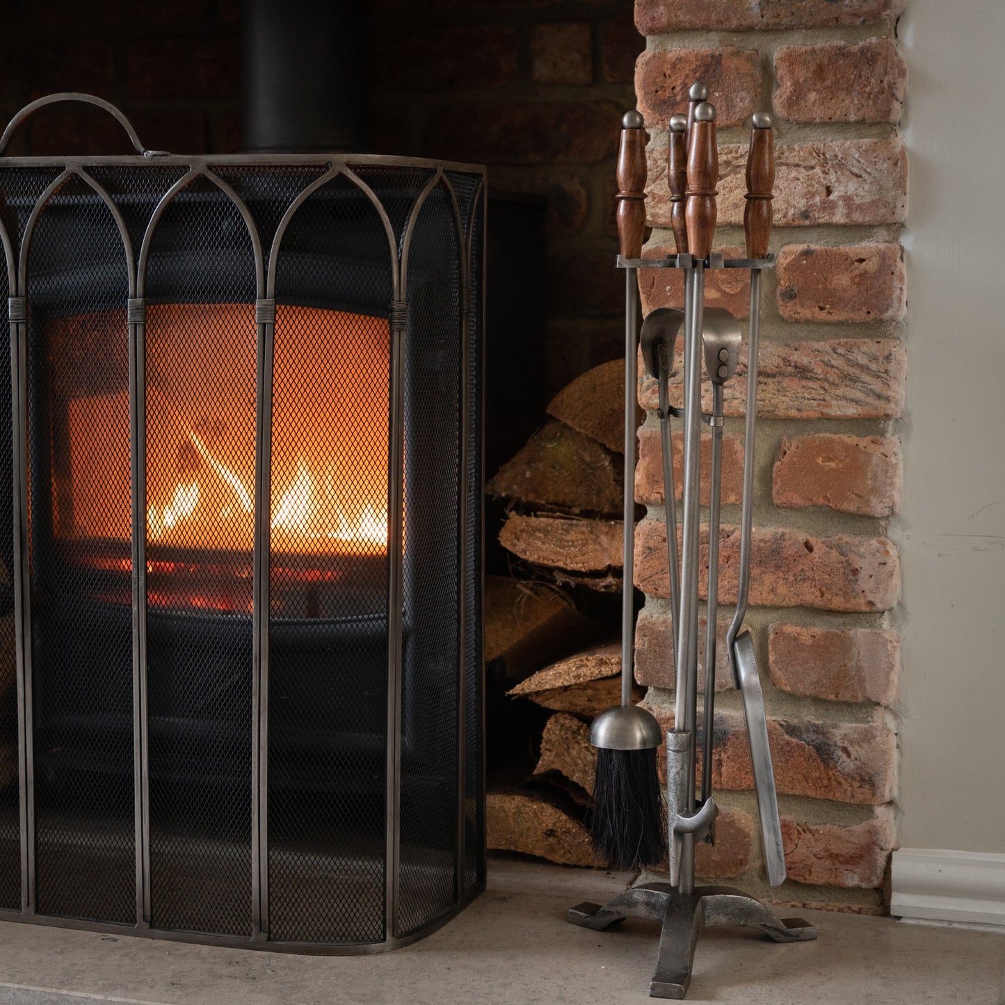 Skandi London Hand Turned Fire Companion Set In Antique Pewter With Wooden Handles - Skandi London