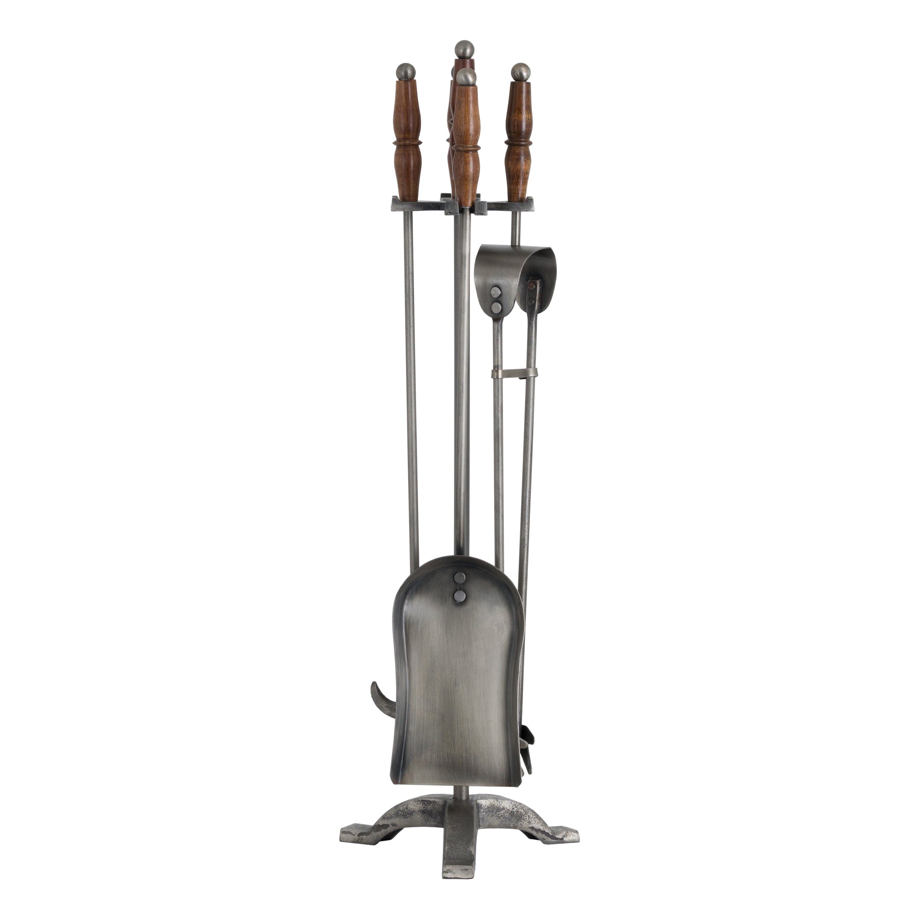 Skandi London Hand Turned Fire Companion Set In Antique Pewter With Wooden Handles - Skandi London