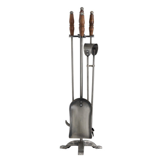 Skandi London Hand Turned Fire Companion Set In Antique Pewter With Wooden Handles - Skandi London