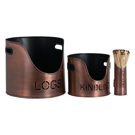 Skandi London Copper Finish Logs And Kindling Buckets & Matchstick Holder - Skandi London