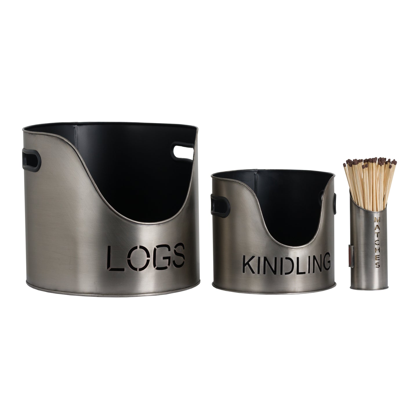 Skandi London Pewter Finish Logs And Kindling Buckets & Matchstick Holder - Skandi London
