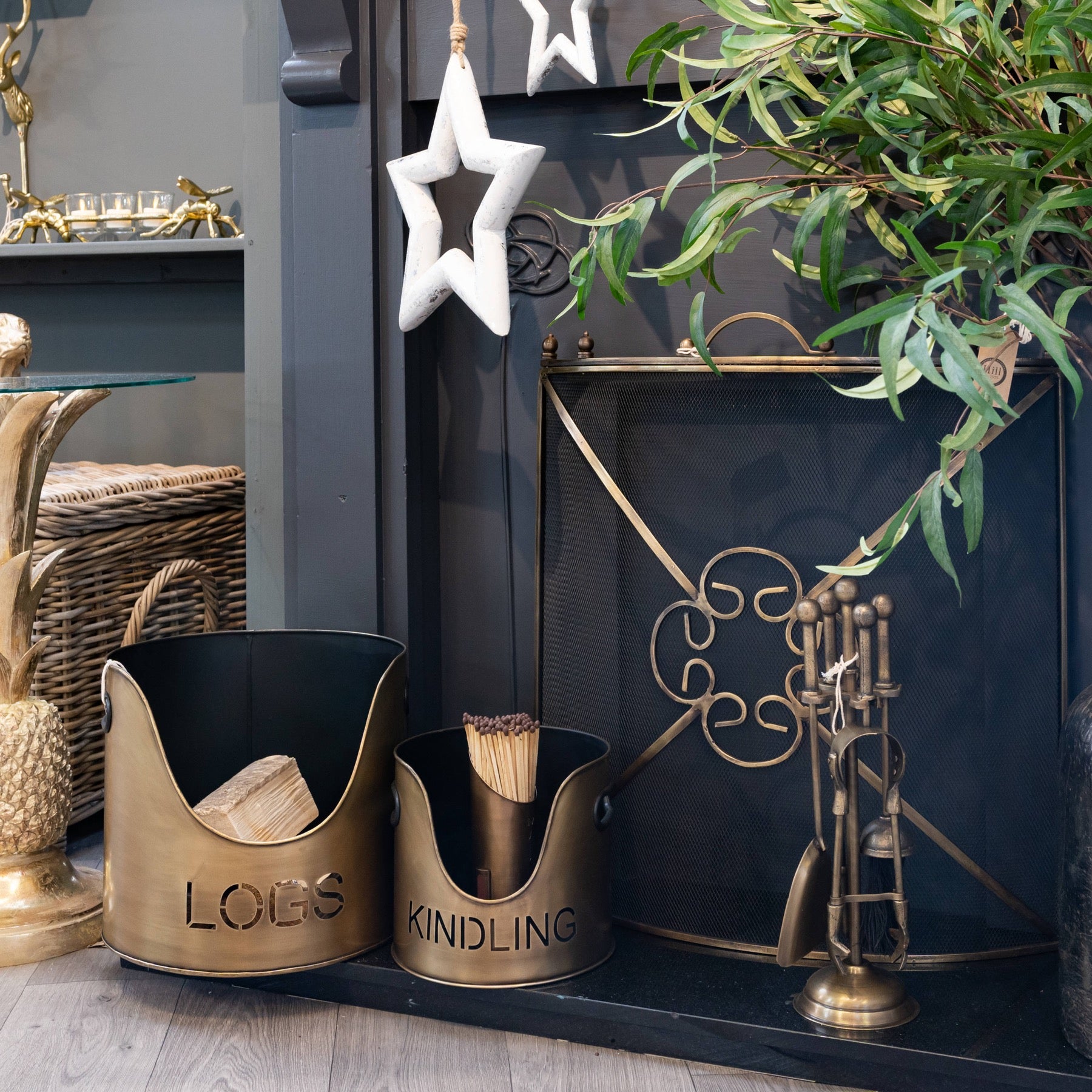 Skandi London Bronze Finish Logs And Kindling Buckets & Matchstick Holder - Skandi London