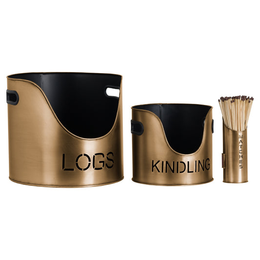 Skandi London Bronze Finish Logs And Kindling Buckets & Matchstick Holder - Skandi London