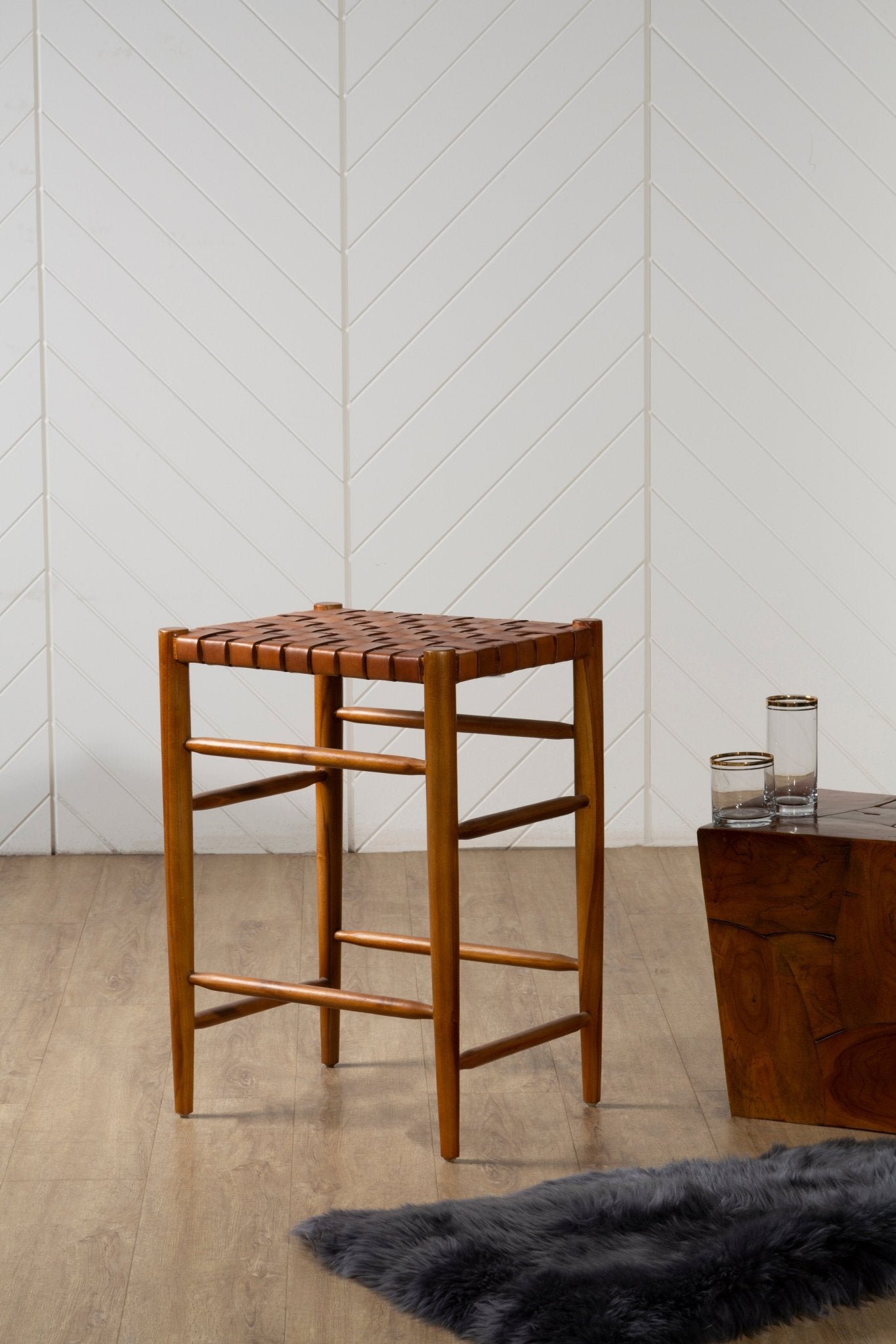 Hansel Brown Leather Strap Barstool - Skandi London