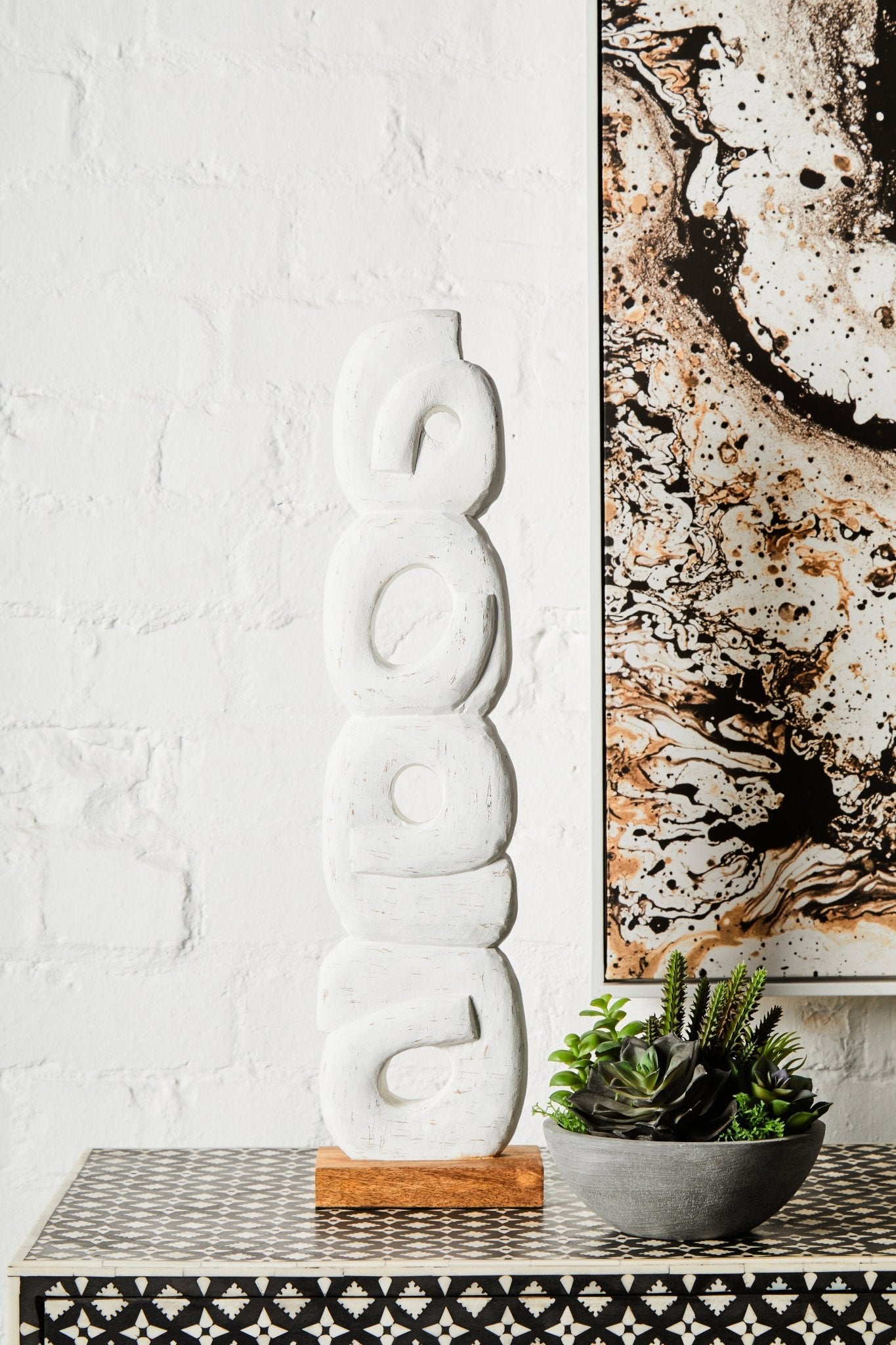 Eir Rustic White Mango Wood Ring Sculpture - Skandi London