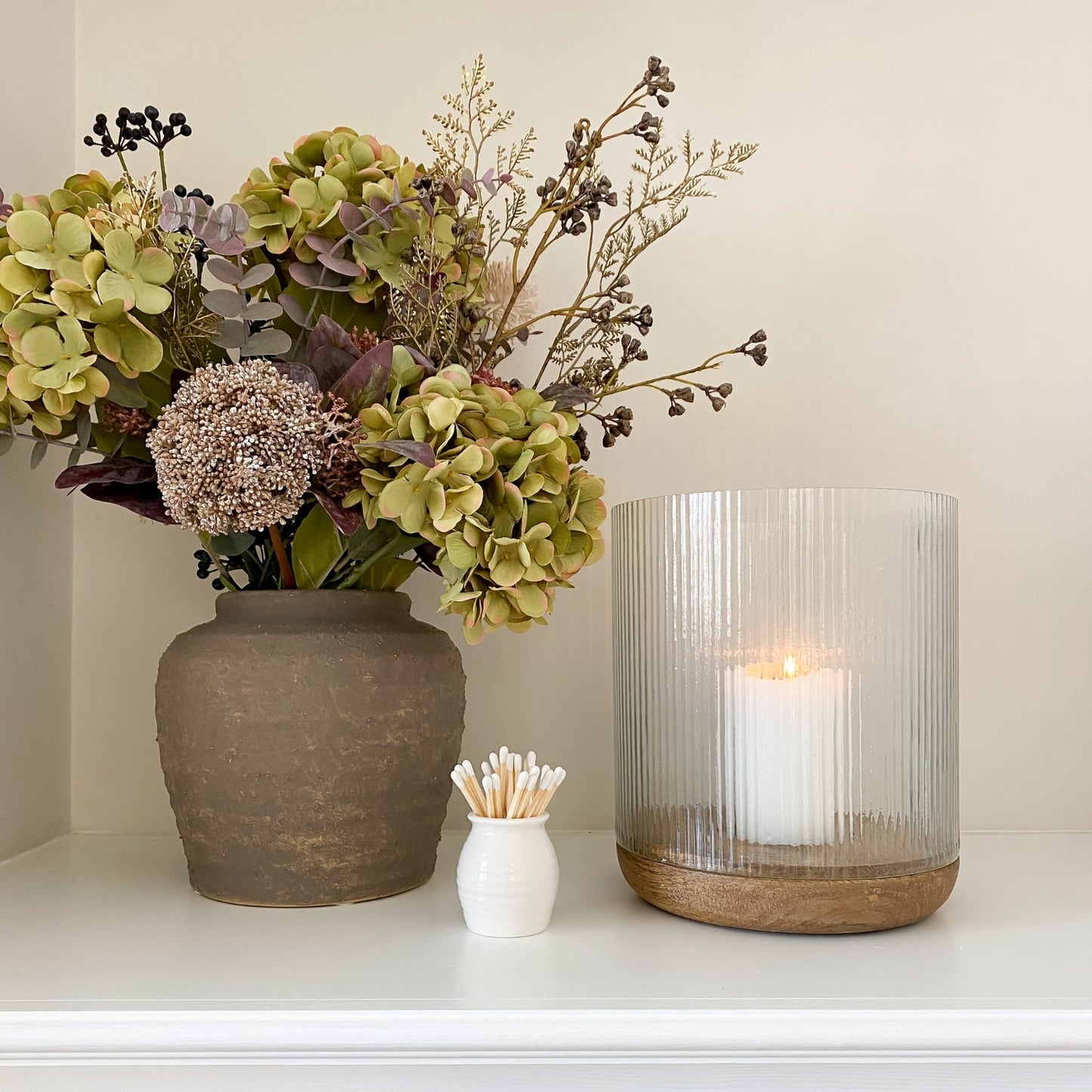 Faaborg Ribbed Glass Wooden Candle Holder Medium - Medium - Skandi London
