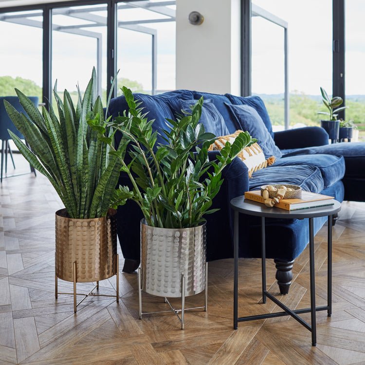 Zendaya Gold Embossed Metal Planter with Stand H25cm D25cm - Skandi London