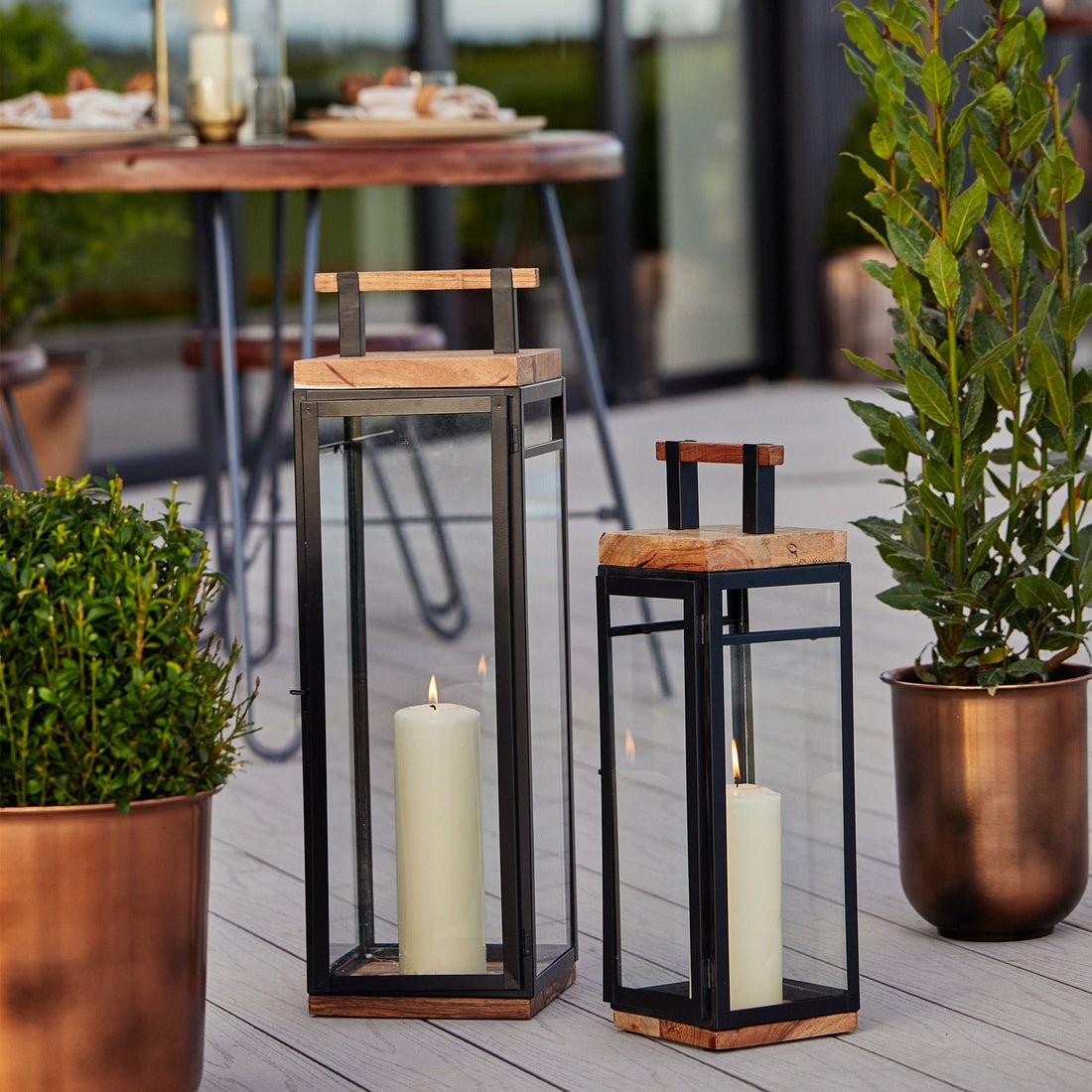 Thora Tall Lantern in Acacia Wood and Black - Medium - Skandi London