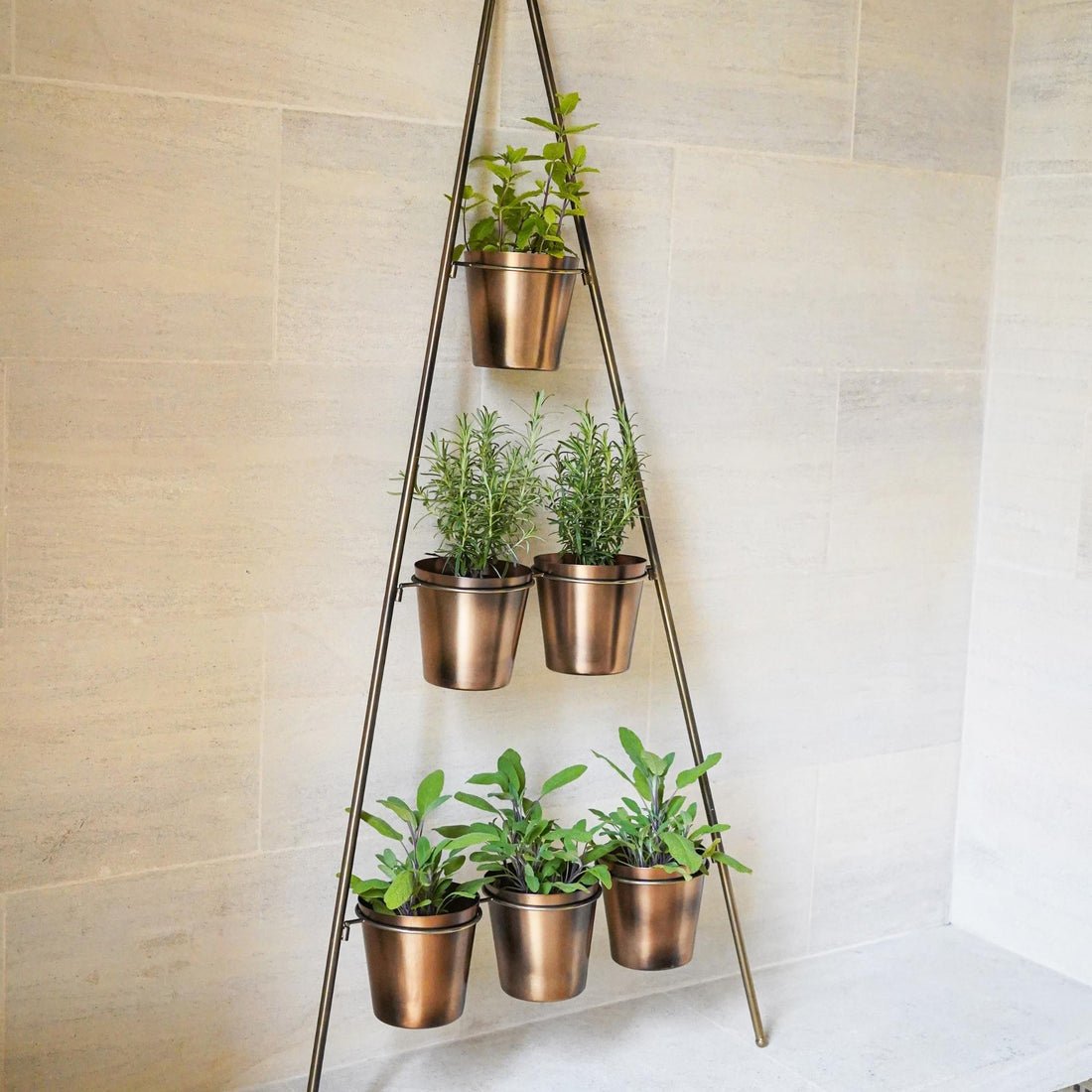 Outdoor Ulrica Vertical Gold Metal Wall Plant Stand with Planters - Small - Skandi London