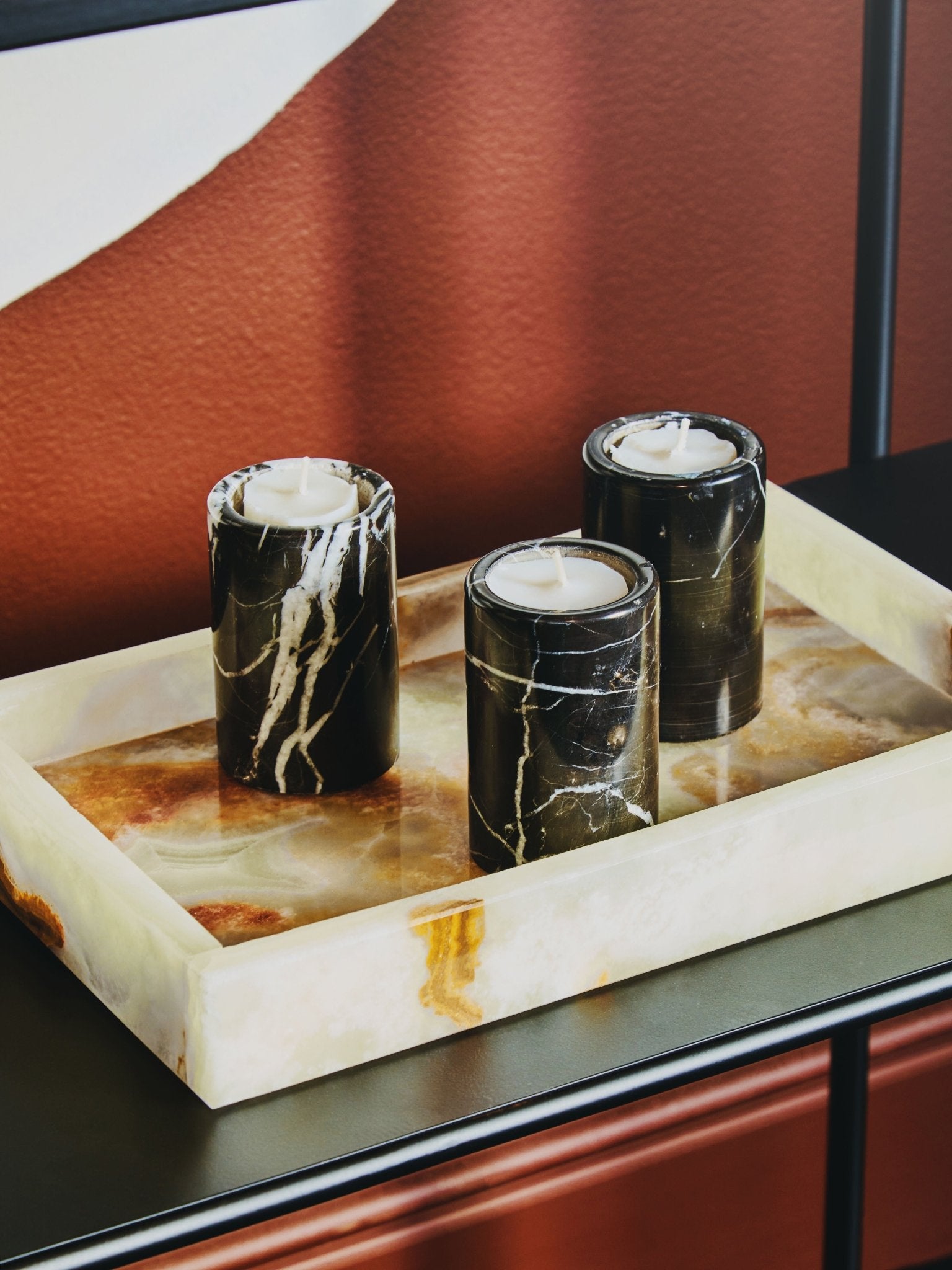 Vida Set Of Three Black Marble Tealight Holders - Skandi London