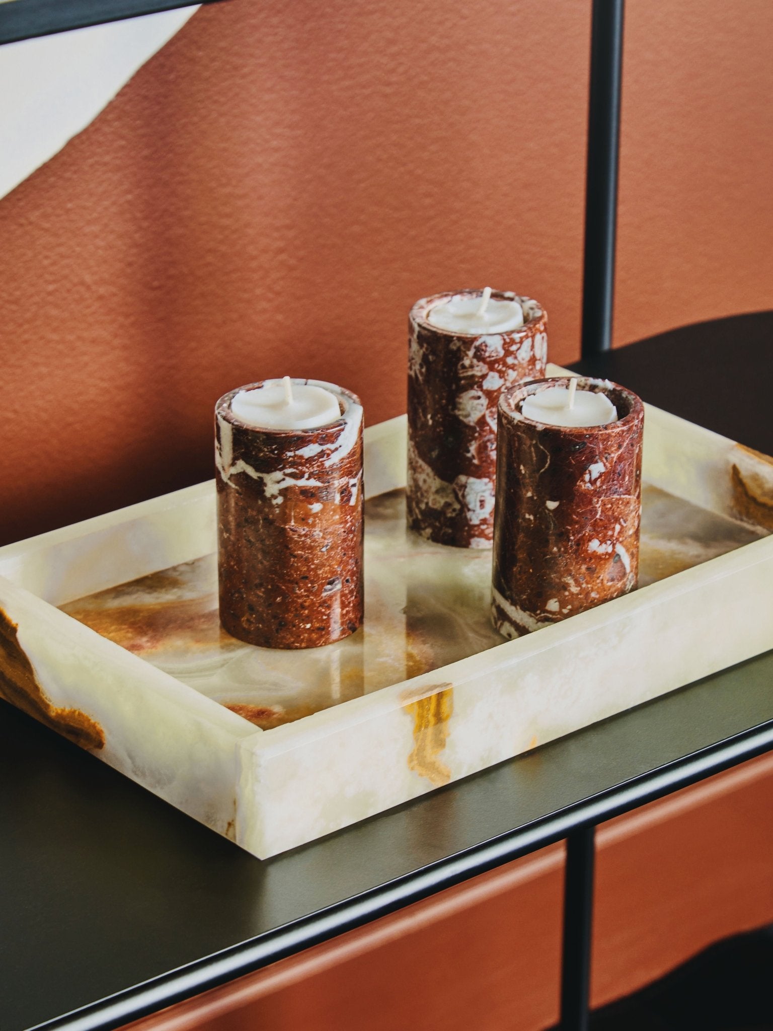 Vida Set Of Three Red Marble Tealight Holders - Skandi London
