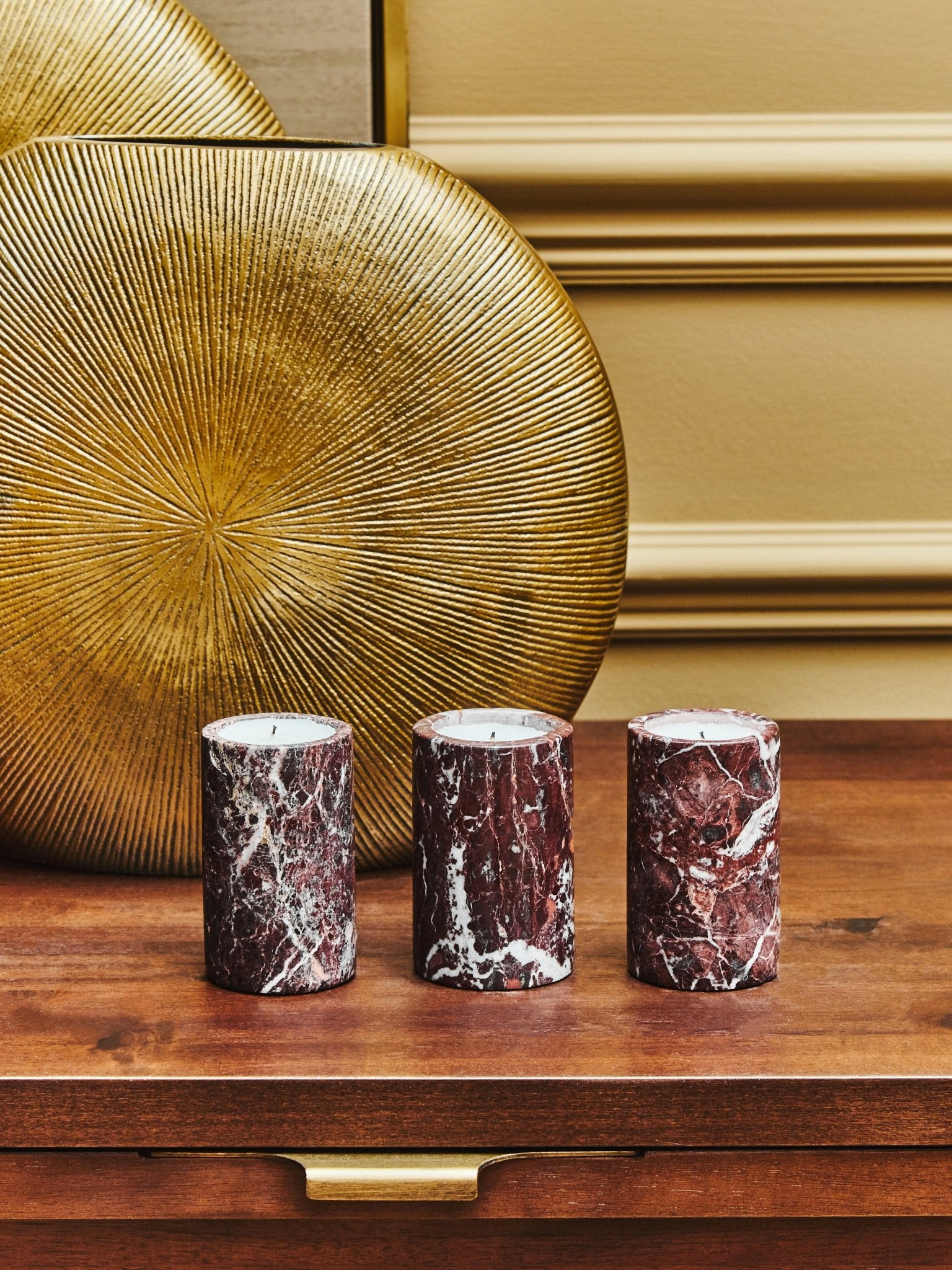 Vida Set Of Three Red Marble Tealight Holders - Skandi London
