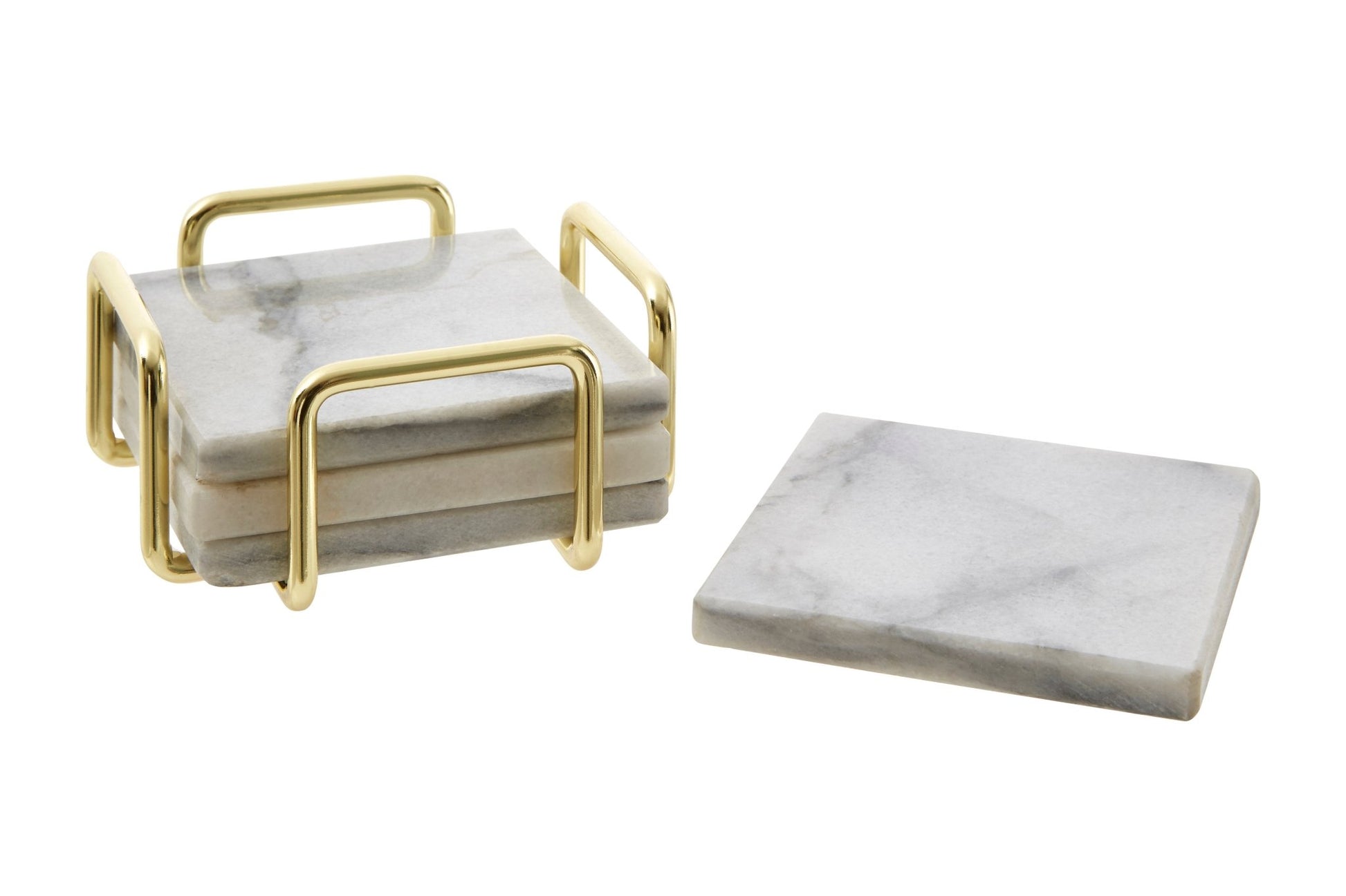 Cristen Set Of 4 White Marble Coasters with Brass Finish Holder - Skandi London