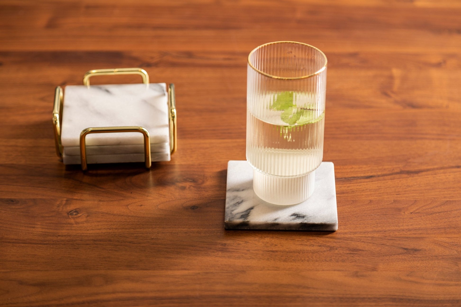 Cristen Set Of 4 White Marble Coasters with Brass Finish Holder - Skandi London