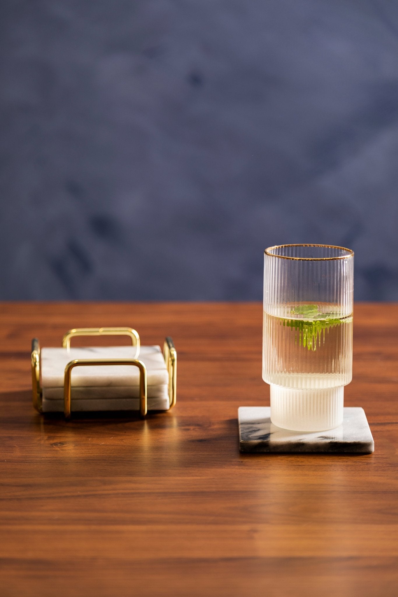 Cristen Set Of 4 White Marble Coasters with Brass Finish Holder - Skandi London