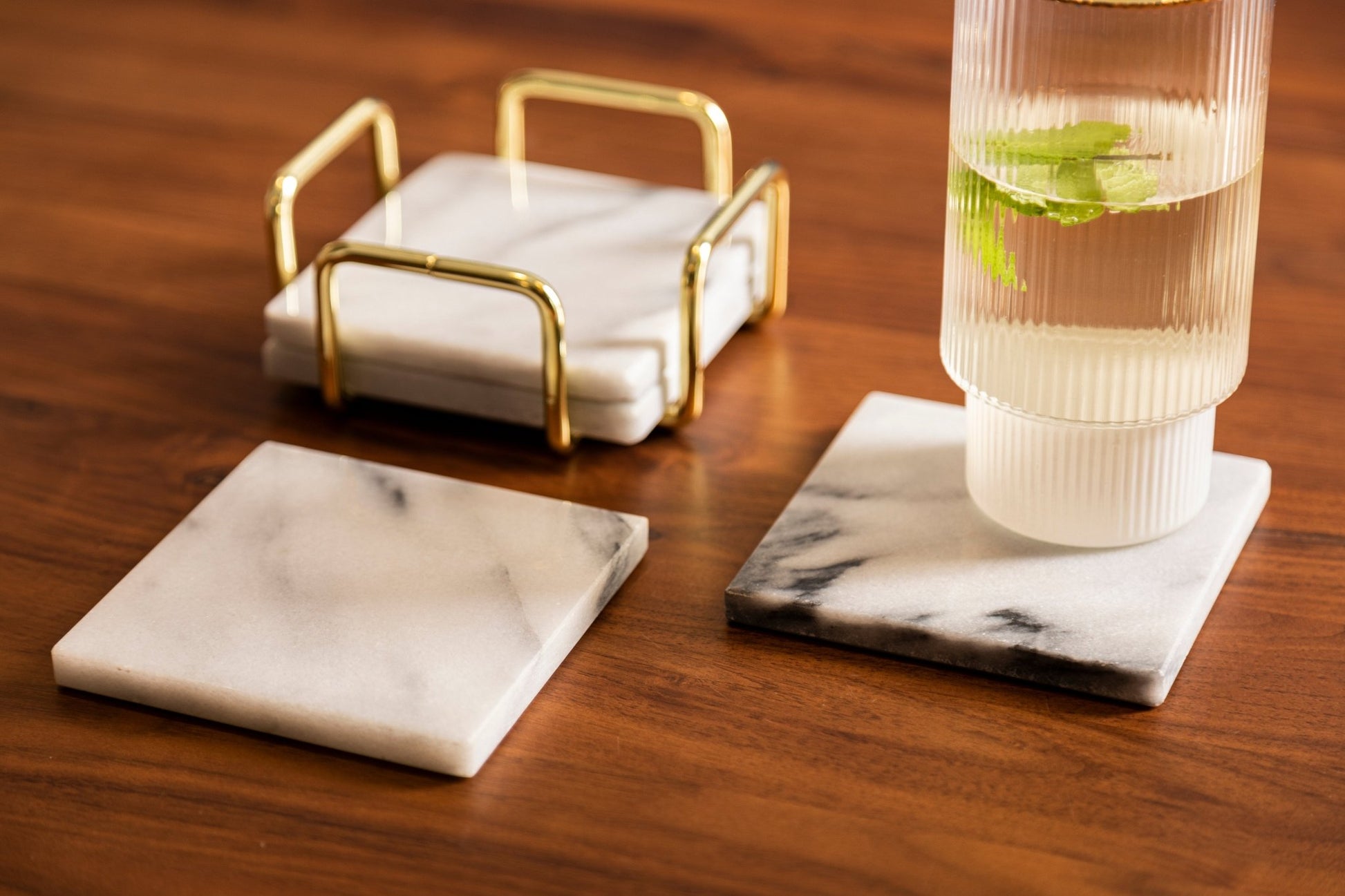Cristen Set Of 4 White Marble Coasters with Brass Finish Holder - Skandi London