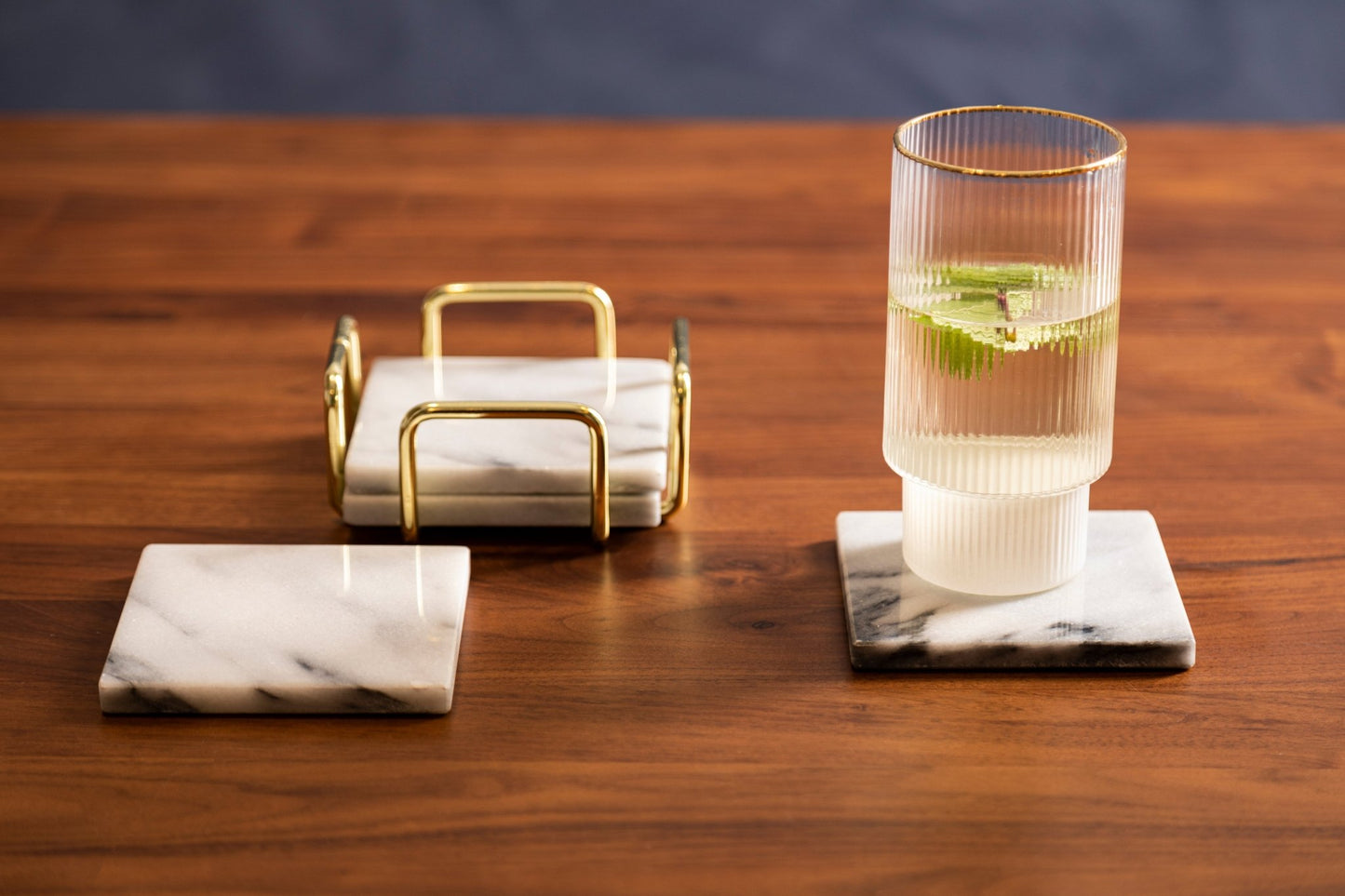 Cristen Set Of 4 White Marble Coasters with Brass Finish Holder - Skandi London
