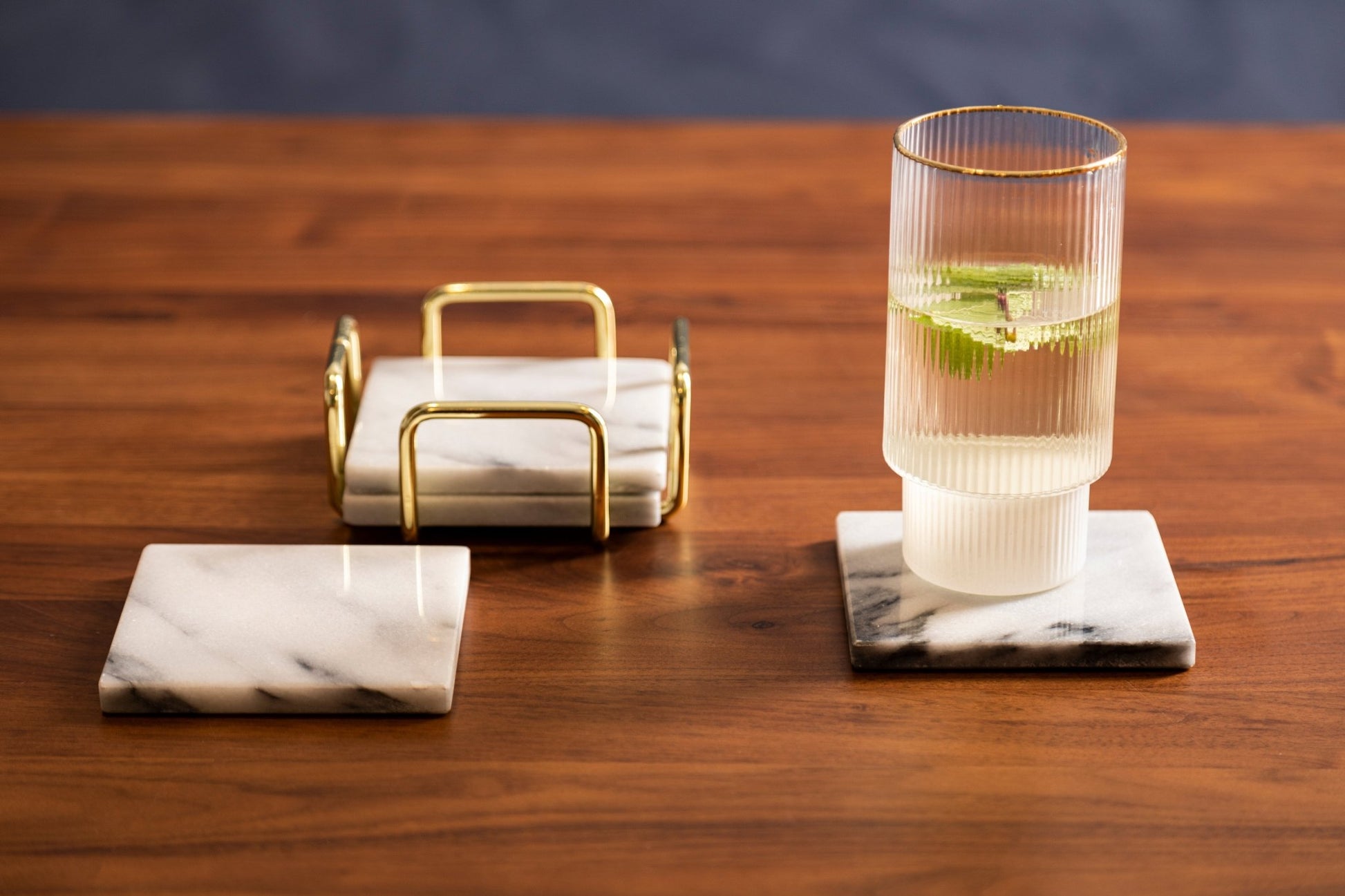 Cristen Set Of 4 White Marble Coasters with Brass Finish Holder - Skandi London