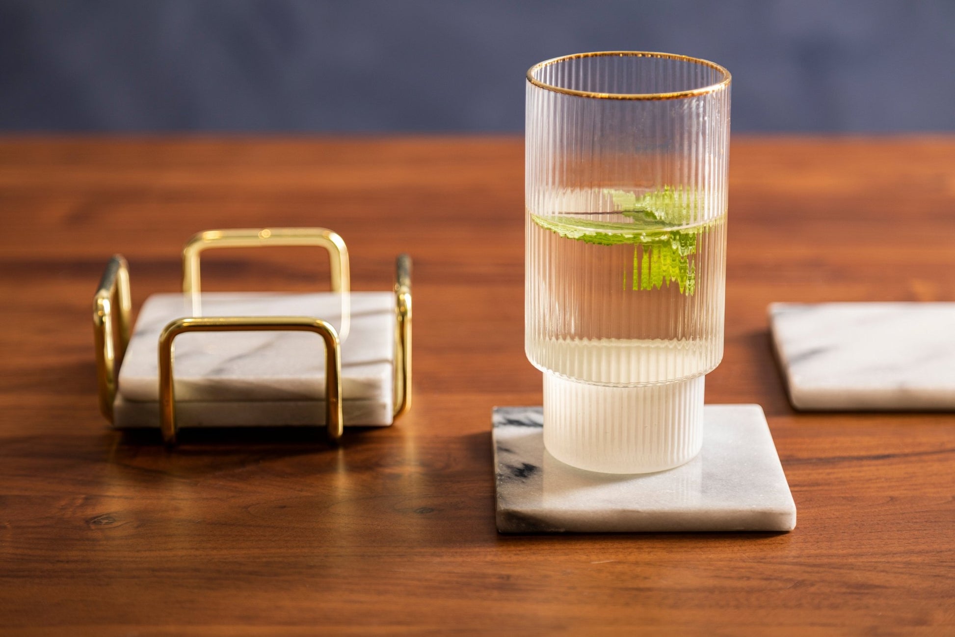Cristen Set Of 4 White Marble Coasters with Brass Finish Holder - Skandi London