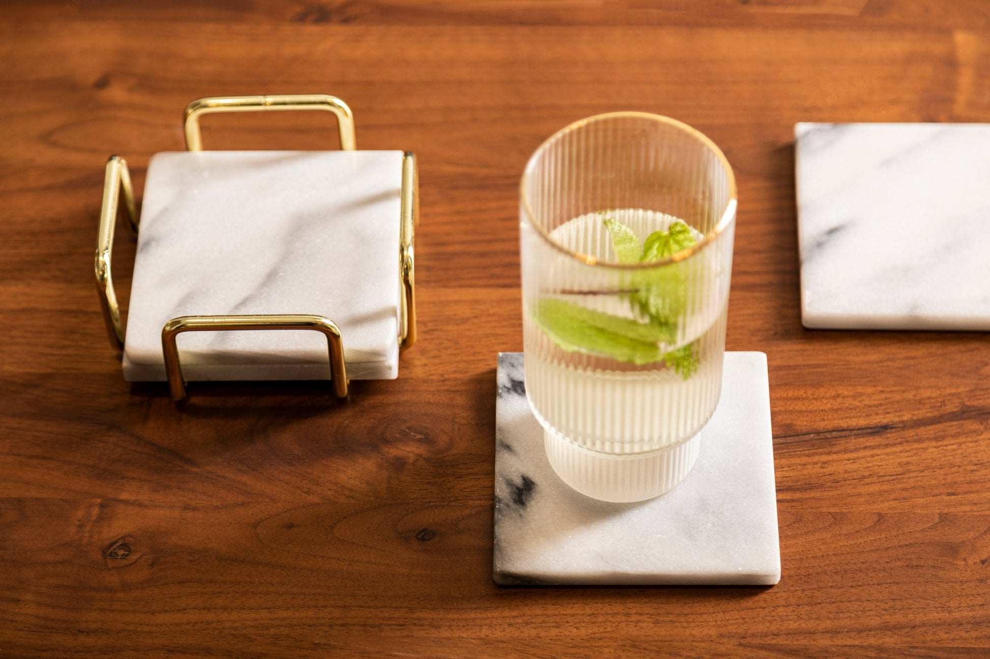 Cristen Set Of 4 White Marble Coasters with Brass Finish Holder - Skandi London
