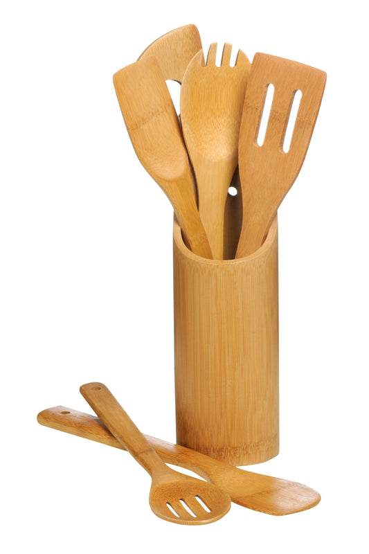 Aina 6pc Bamboo Kitchen Tool Set With Holder - Skandi London