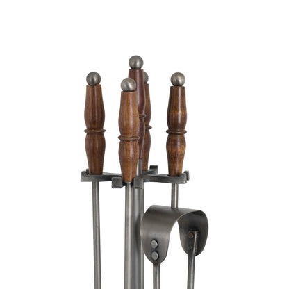 Skandi London Hand Turned Fire Companion Set In Antique Pewter With Wooden Handles - Skandi London