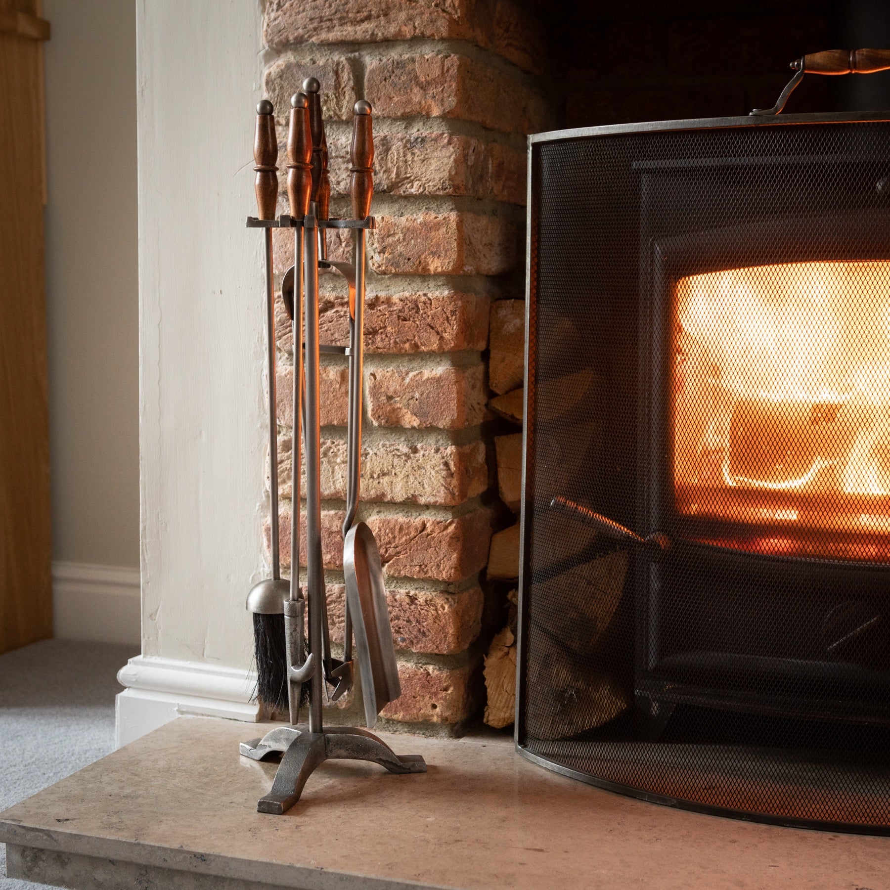 Skandi London Hand Turned Fire Companion Set In Antique Pewter With Wooden Handles - Skandi London