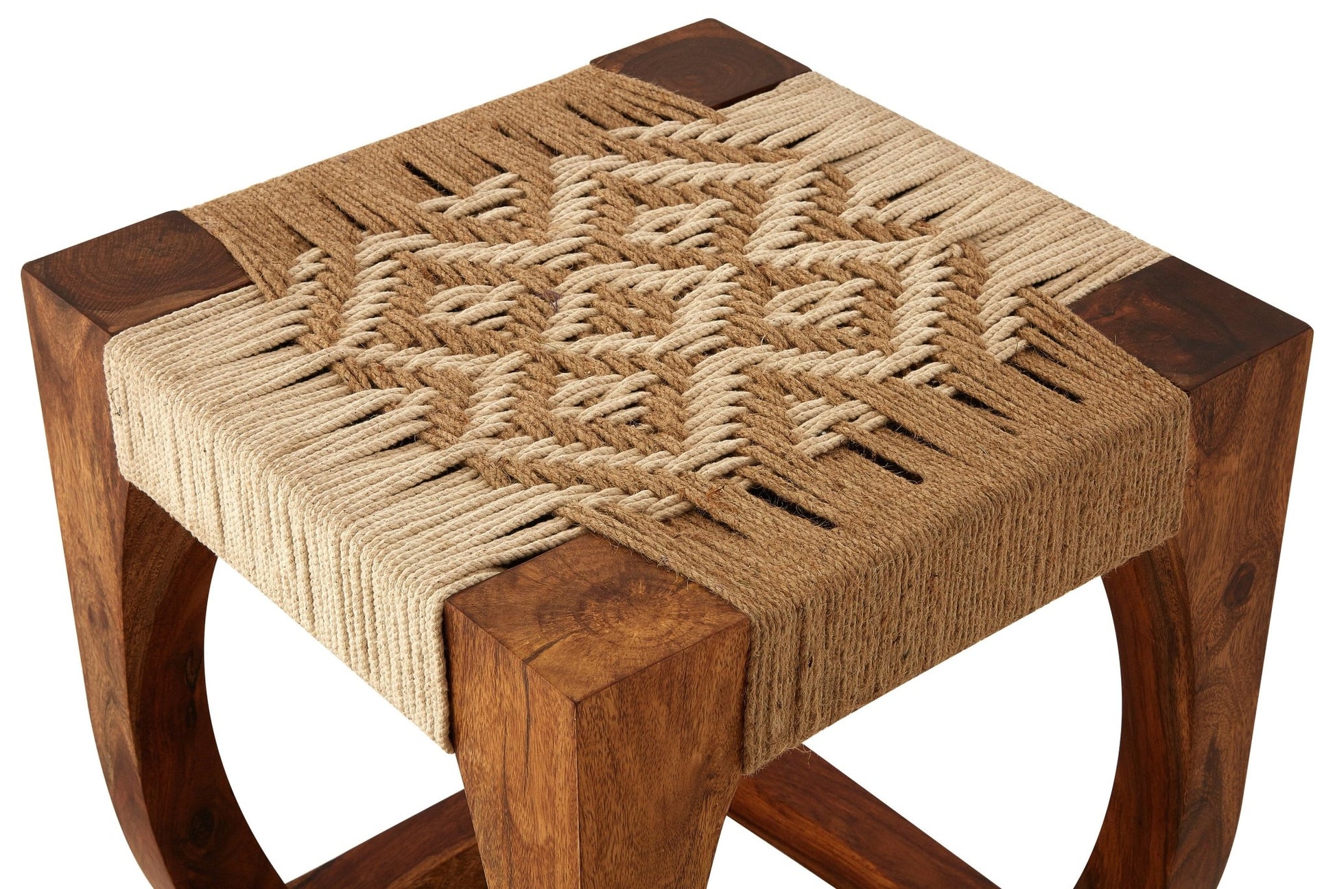 Bernt Sheesham Wood And Jute Boho Stool - Skandi London