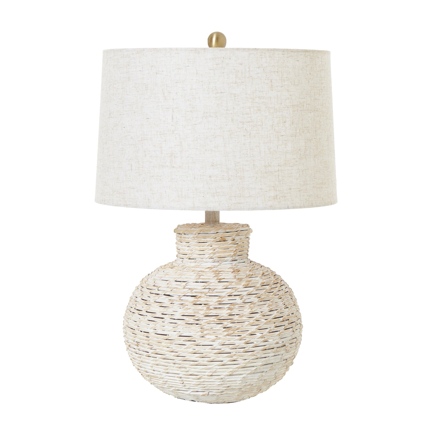 White Wash Bulbous Wicker Table Lamp With Linen Shade - Skandi London