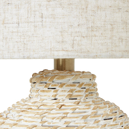 White Wash Small Bulbous Wicker Table Lamp With Linen Shade - Skandi London