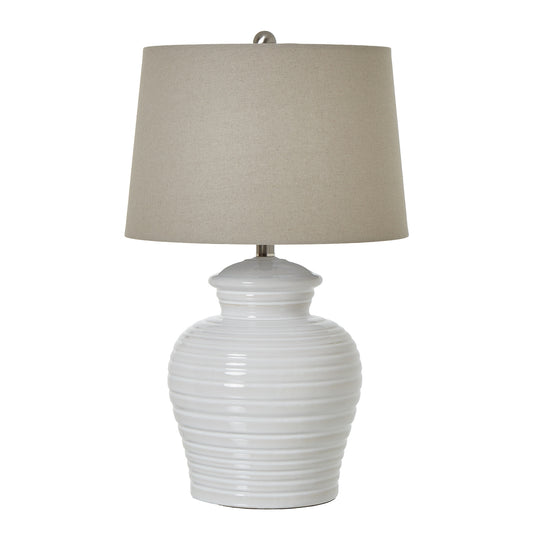 White Ceramic Pot Lamp With Linen Shade - Skandi London