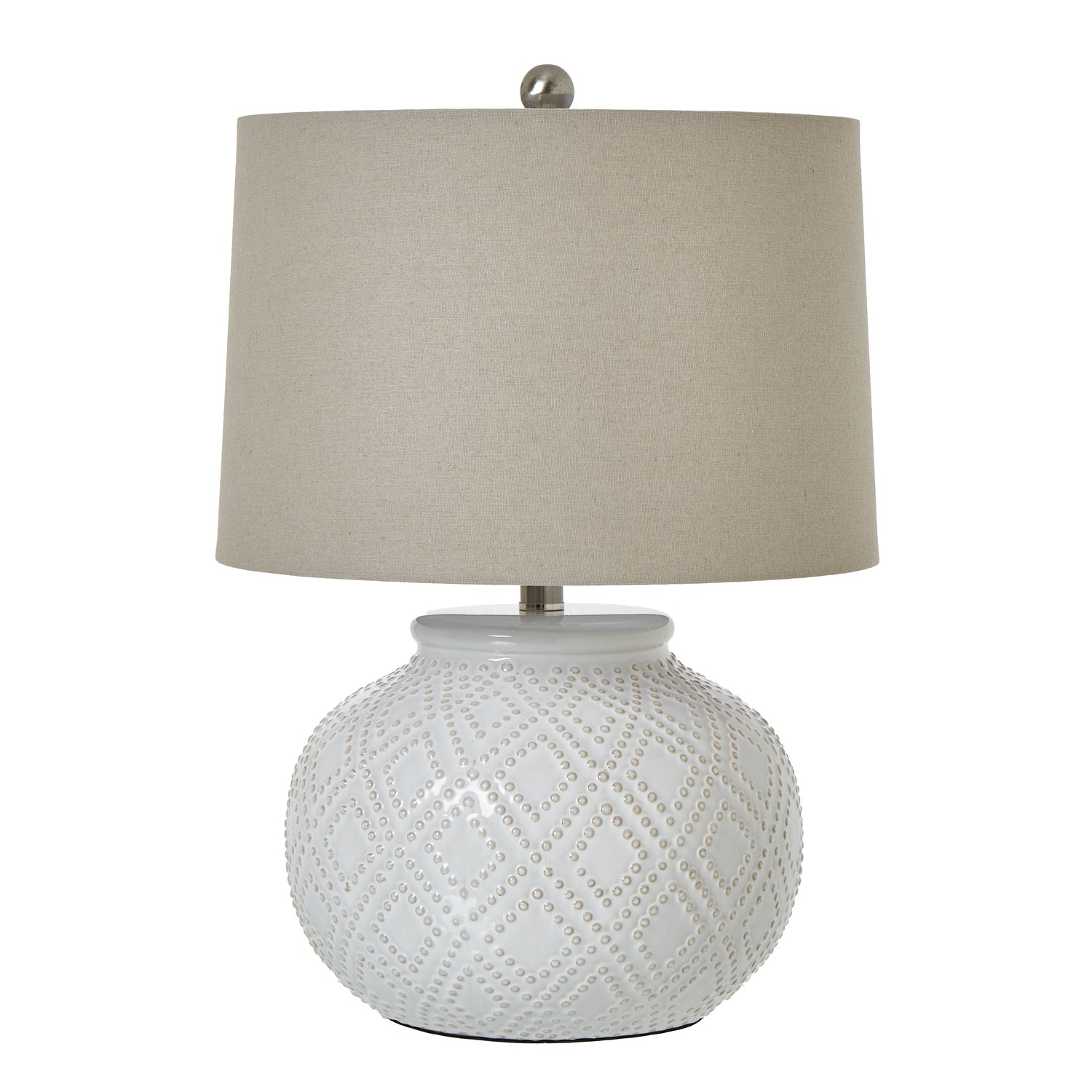Squat White Beaded Ceramic Lamp With Linen Shade - Skandi London