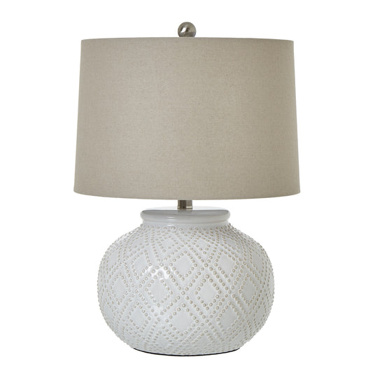 Squat White Beaded Ceramic Lamp With Linen Shade - Skandi London
