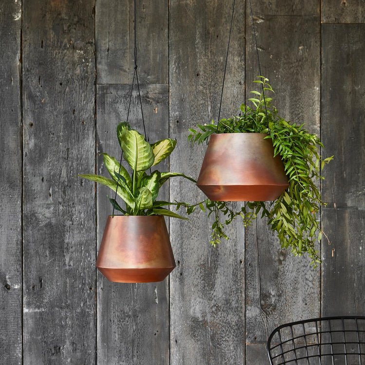 Indoor Soho Aged Copper Hanging Planter with Leather Strap H15Cm D19Cm - Skandi London