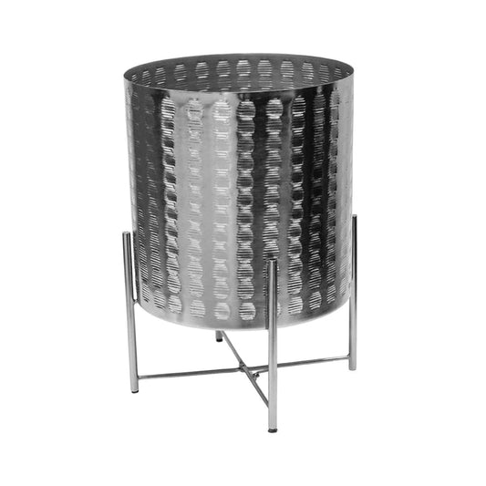 Zendaya Silver Embossed Metal Planter with Stand H25cm D25cm - Skandi London