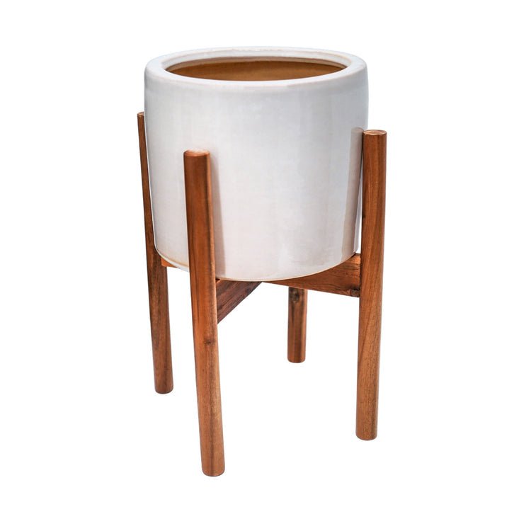 Anzio Stone White Planter with Wooden Stand H38.5Cm D24Cm ( New Embossed Logo) - Skandi London