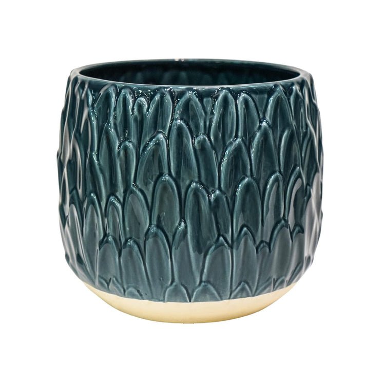 Arles Leaf Embossed Teal Planter H20Cm W22Cm - Skandi London