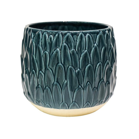 Arles Leaf Embossed Teal Planter H20Cm W22Cm - Skandi London