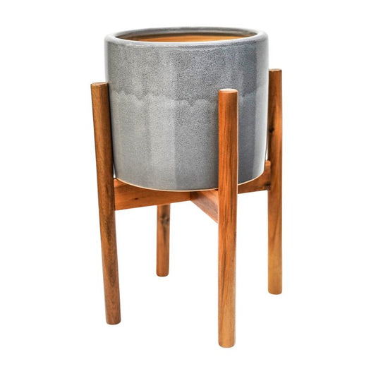 Anzio Warm Grey Planter with Wooden Stand H38.5Cm D24Cm ( New Embossed Logo) - Skandi London