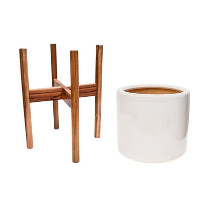 Anzio Stone White Planter with Wooden Stand H38.5Cm D24Cm ( New Embossed Logo) - Skandi London