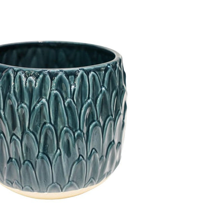 Arles Leaf Embossed Teal Planter H20Cm W22Cm - Skandi London
