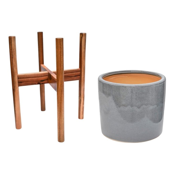 Anzio Warm Grey Planter with Wooden Stand H38.5Cm D24Cm ( New Embossed Logo) - Skandi London