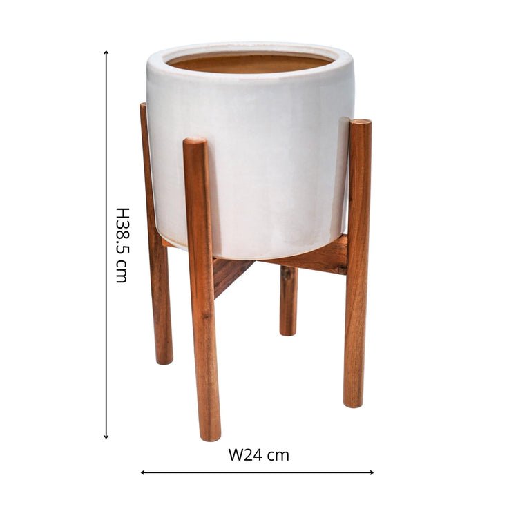 Anzio Stone White Planter with Wooden Stand H38.5Cm D24Cm ( New Embossed Logo) - Skandi London